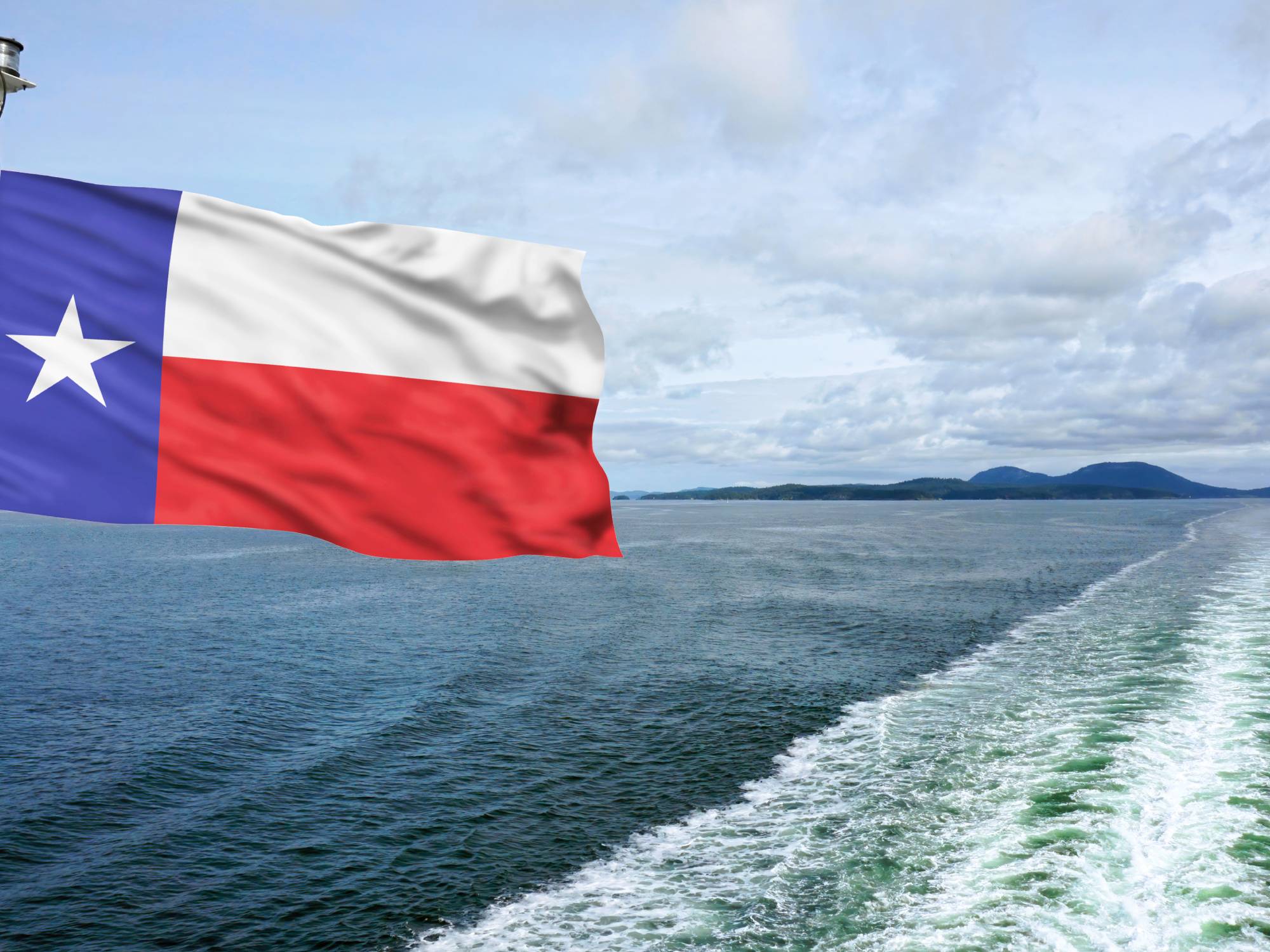 A Texas state flag is attached to the back of a boat that's going across a massive lake during the day.