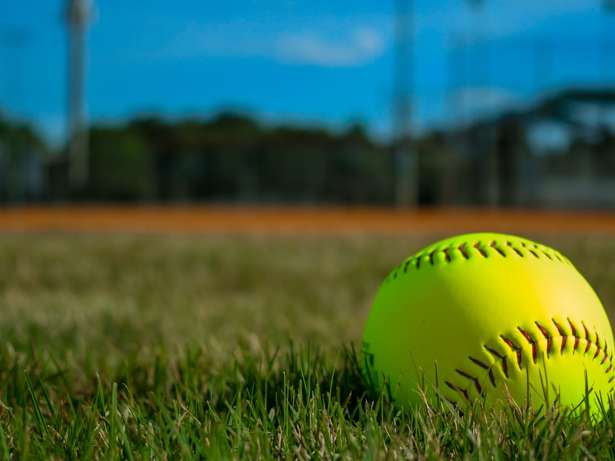 A bright yellow slowpitch softball sits on green grass. The baseball appears blurry behind the softball.