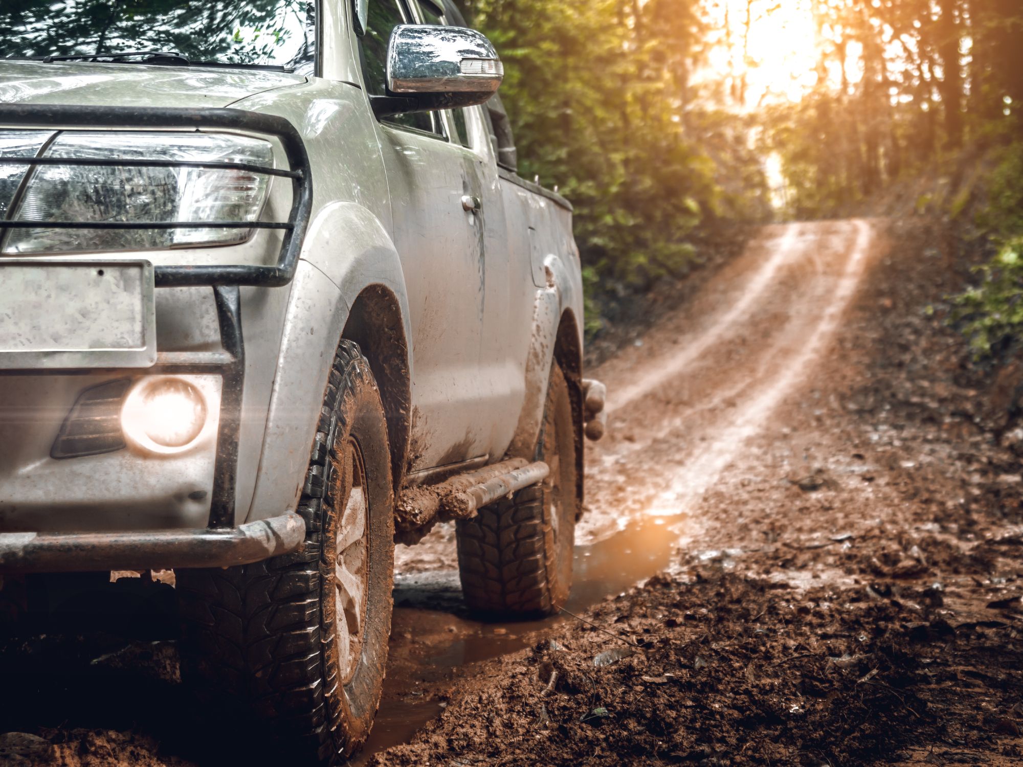 A silver pickup truck, covered in mud, drives on a muddy forest trail with a front brush guard and off-road tires.