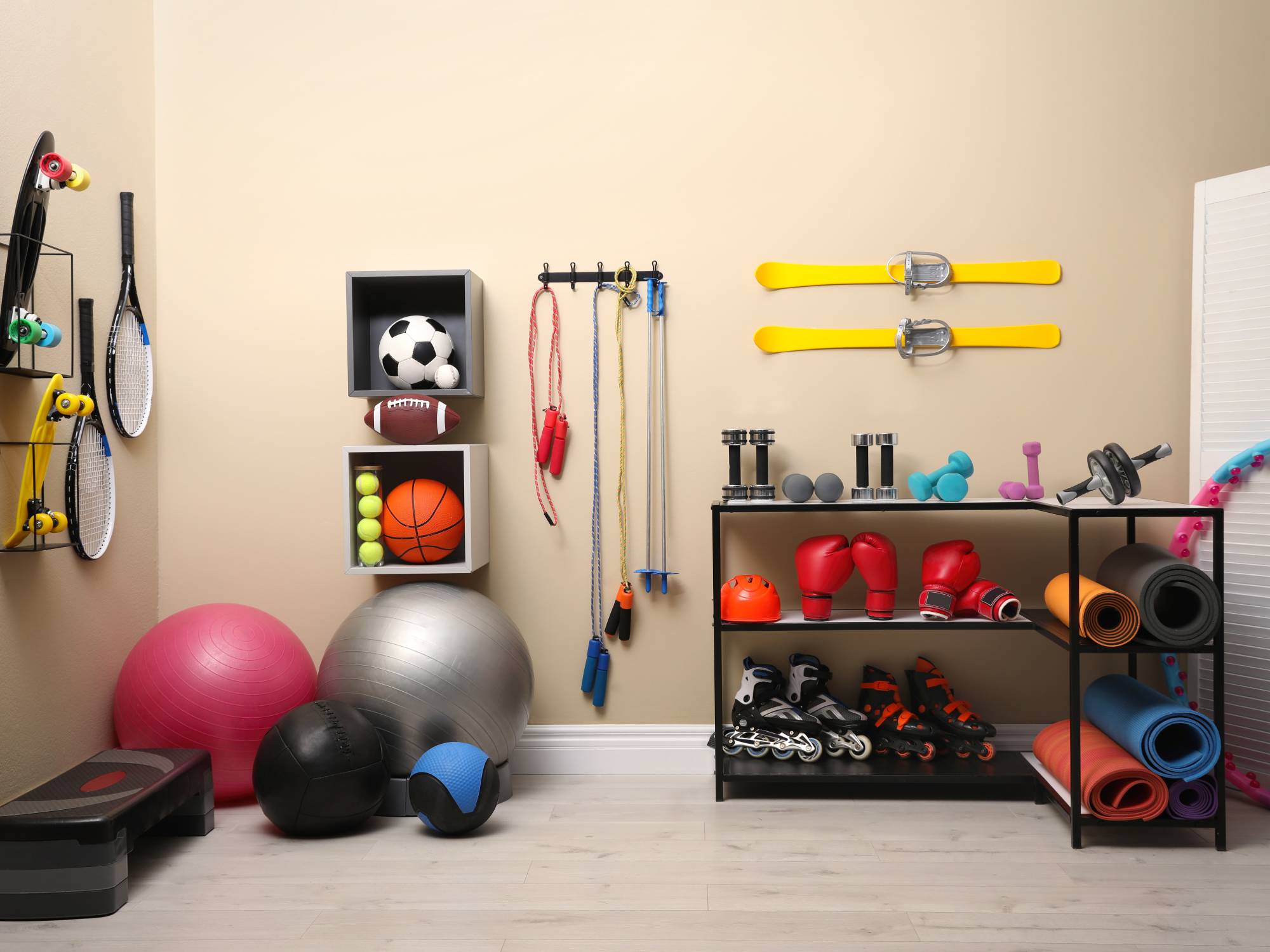 A home gym with various different types of exercise equipment organized on the wall with shelves and hooks.