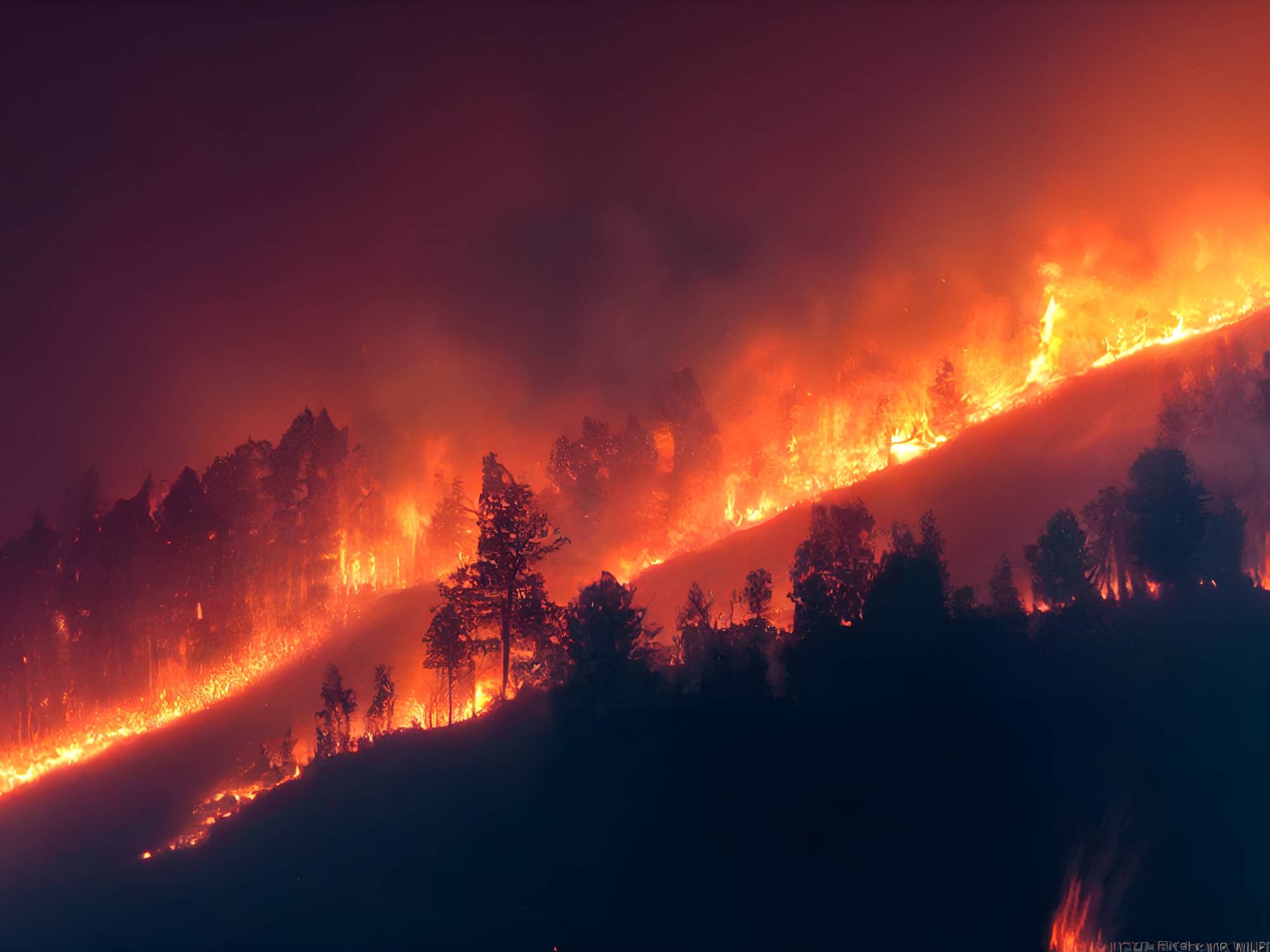 A group of distant hills with towering trees are seen overcome and engulfed with a scorching line of flames.