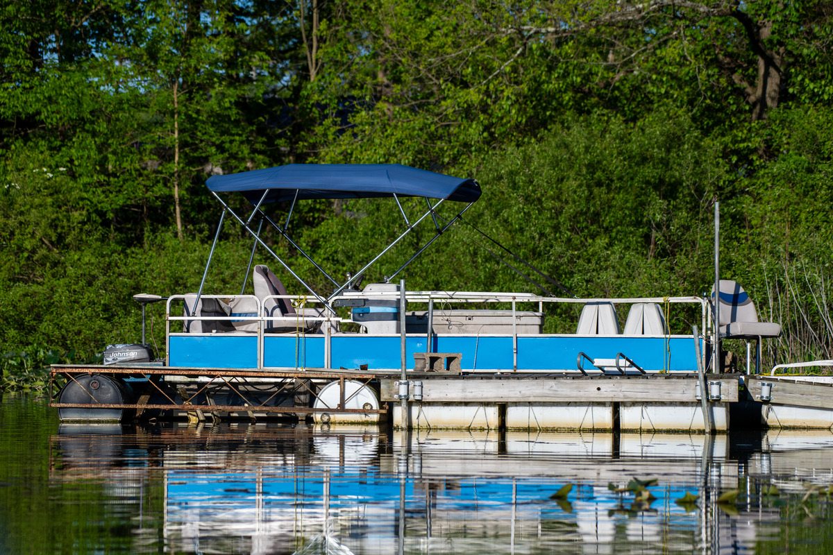 A blue pontoon boat docked on the side of a tranquil lake. Lush green trees are visible in the background.